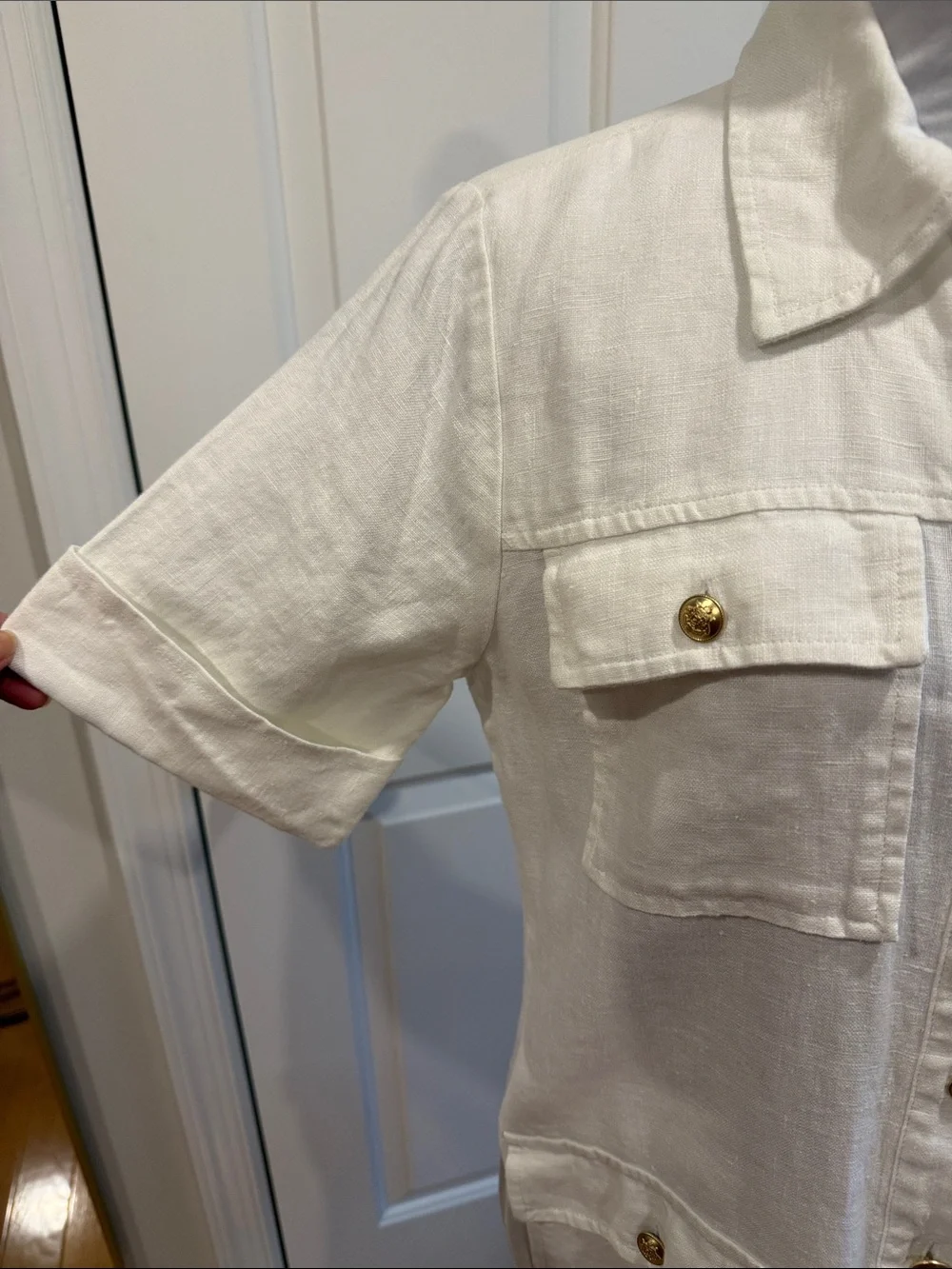J. Crew White Short-Sleeve Linen Shirt Dress with Gold Buttons
